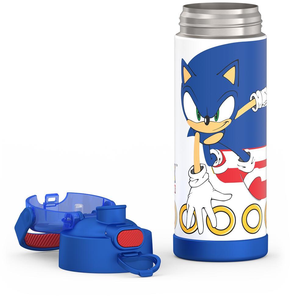 16-ounce Funtainer Stainless Steel Water Bottle with Spout and locking lid, Sonic the Hedgehog, Blue, unassembled - lid removed.