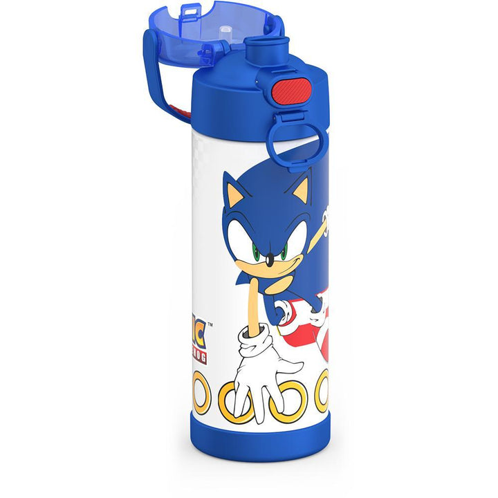 16-ounce Funtainer Stainless Steel Water Bottle with Spout and locking lid, Sonic the Hedgehog, Blue, side view, lid open showing spout.