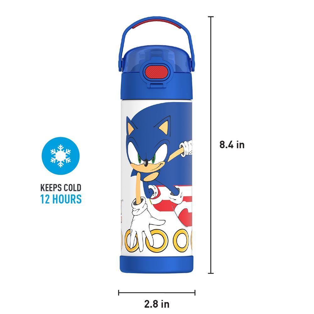 16-ounce Funtainer Stainless Steel Water Bottle with Spout, Sonic the Hedgehog, Blue, front view with handle up. 8.4 inches tall, 2.8 inches wide at base. Keeps Cold 12 Hours.