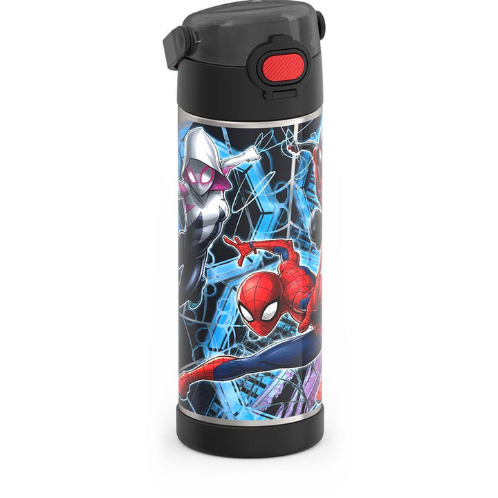 16-ounce Funtainer Stainless Steel Water Bottle with Spout and locking lid, Spider-Man, Black, side view, handle down.