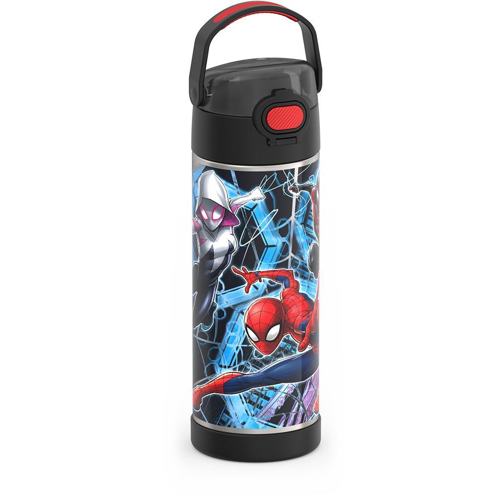 16-ounce Funtainer Stainless Steel Water Bottle with Spout and locking lid, Spider-Man, Black, side view, handle up.