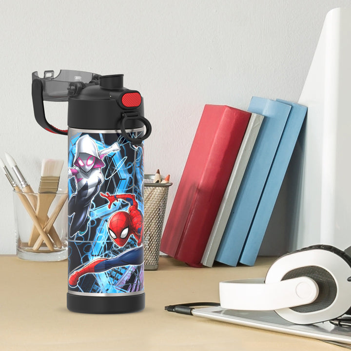 16-ounce Funtainer Stainless Steel Water Bottle with Spout and locking lid, Spider-Man, Black, side view, lid open, sitting on a table.