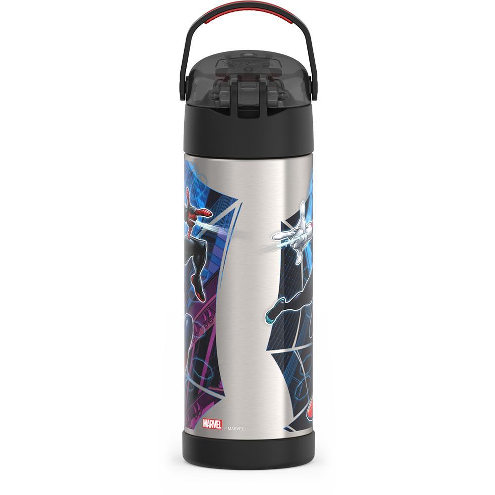 16-ounce Funtainer Stainless Steel Water Bottle with Spout and locking lid,  back view, handle up, Spider-Man, Black.