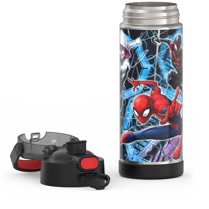 16-ounce Funtainer Stainless Steel Water Bottle with Spout and locking lid, Spider-Man, Black, unassembled - lid removed.