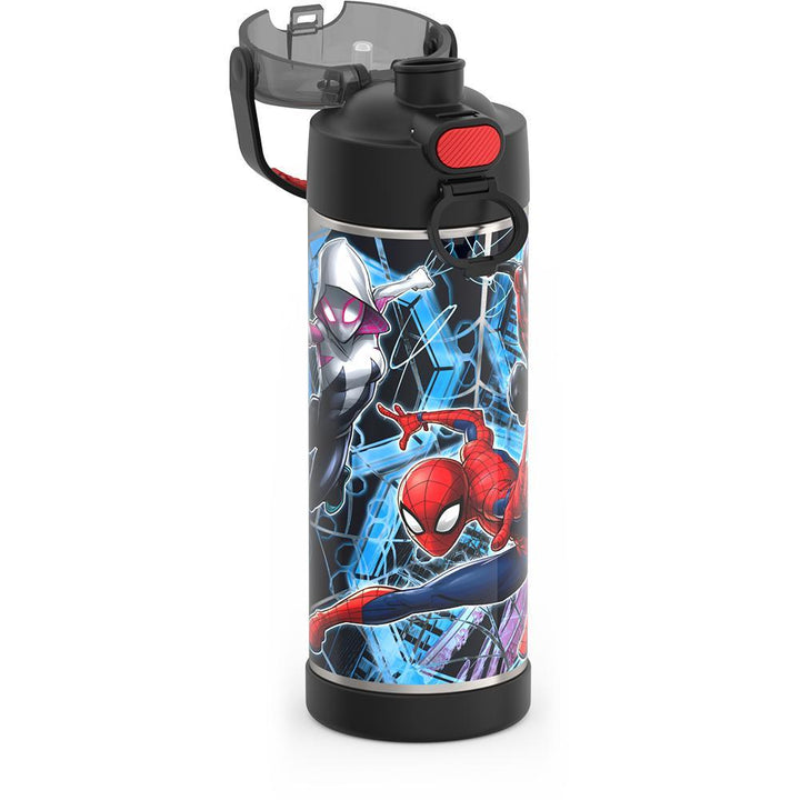 16-ounce Funtainer Stainless Steel Water Bottle with Spout and locking lid, Spider-Man, Black, side view, lid open showing spout.