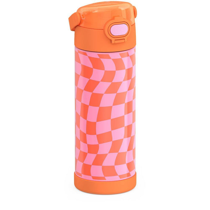 16-ounce Funtainer Stainless Steel Water Bottle with Spout and locking lid, Orange and Pink Wavy Checkers, side view, handle down.