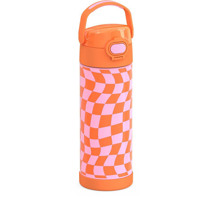 16-ounce Funtainer Stainless Steel Water Bottle with Spout and locking lid, Orange and Pink Wavy Checkers, side view, handle up.