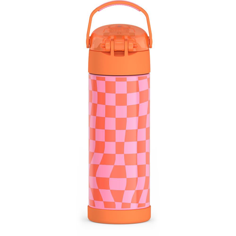 16-ounce Funtainer Stainless Steel Water Bottle with Spout and locking lid,  back view, handle up, Orange and Pink Wavy Checkers.