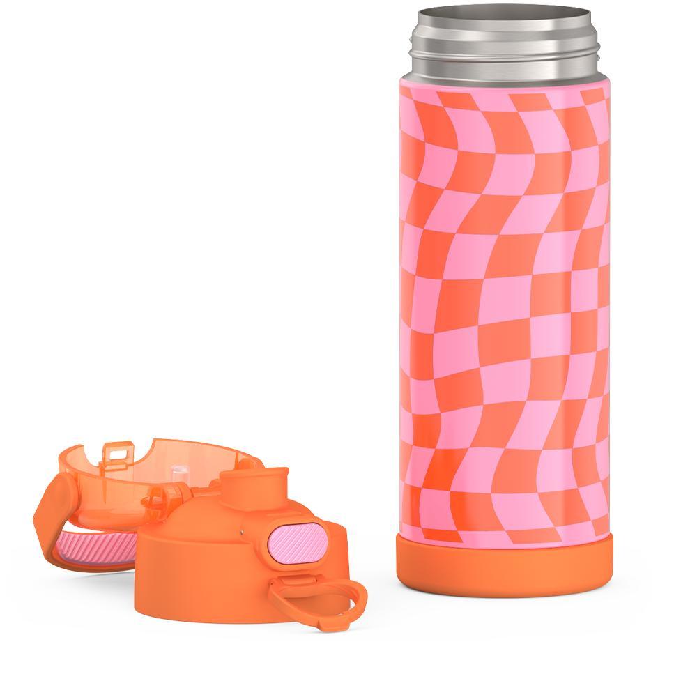 16-ounce Funtainer Stainless Steel Water Bottle with Spout and locking lid, Orange and Pink Wavy Checkers, lid removed and open.