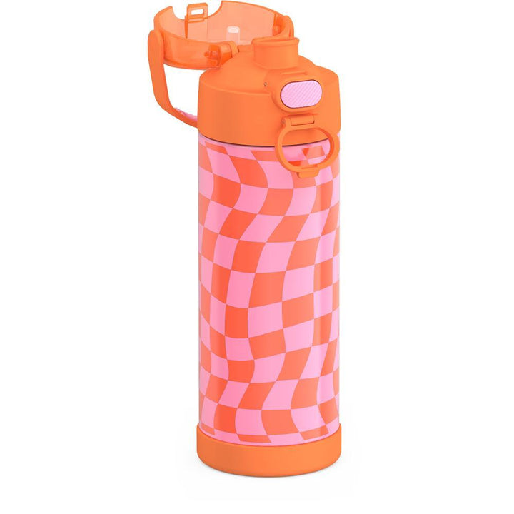 16-ounce Funtainer Stainless Steel Water Bottle with Spout and locking lid, Orange and Pink Wavy Checkers, side view, lid open showing spout.