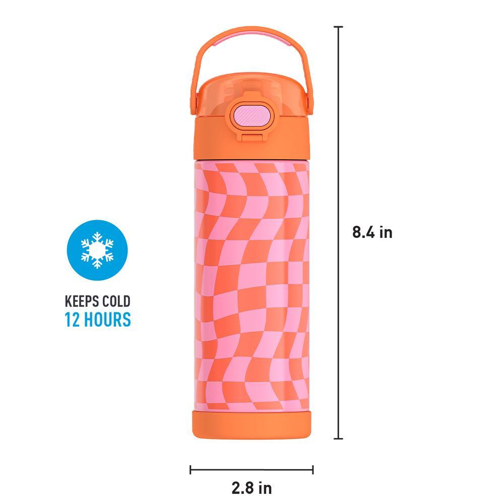 16-ounce Funtainer Stainless Steel Water Bottle with Spout and locking lid, Orange and Pink Wavy Checkers, front view with handle up. 8.4 inches tall, 2.8 inches wide at base. Keeps Cold 12 Hours.