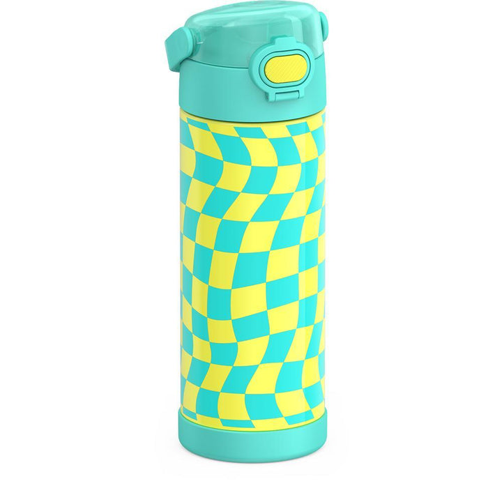 16-ounce Funtainer Stainless Steel Water Bottle with Spout and locking lid, Teal and Yellow Wavy Checkers, side view, handle down.