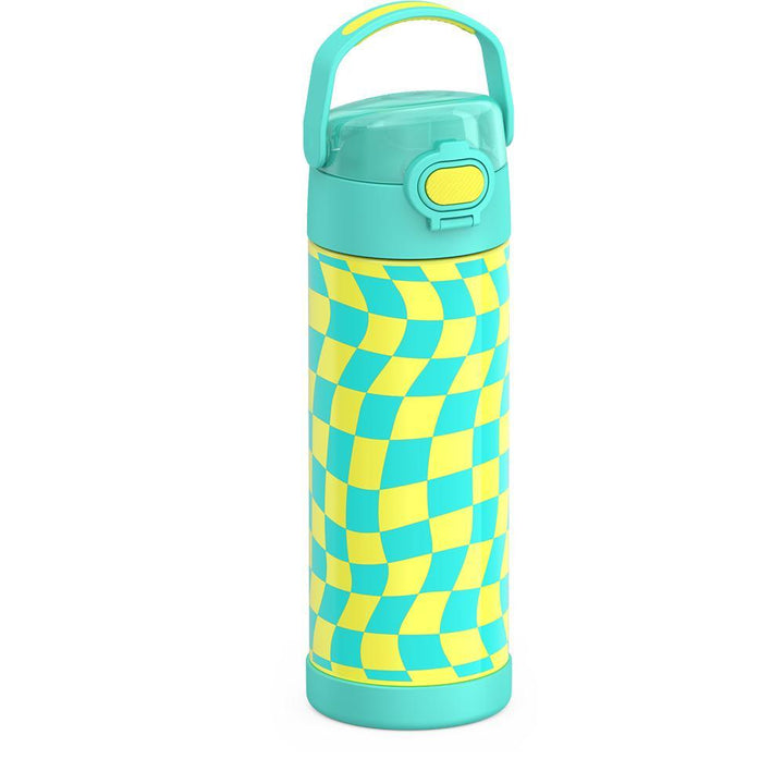 16-ounce Funtainer Stainless Steel Water Bottle with Spout and locking lid, Teal and Yellow Wavy Checkers, side view, handle up.