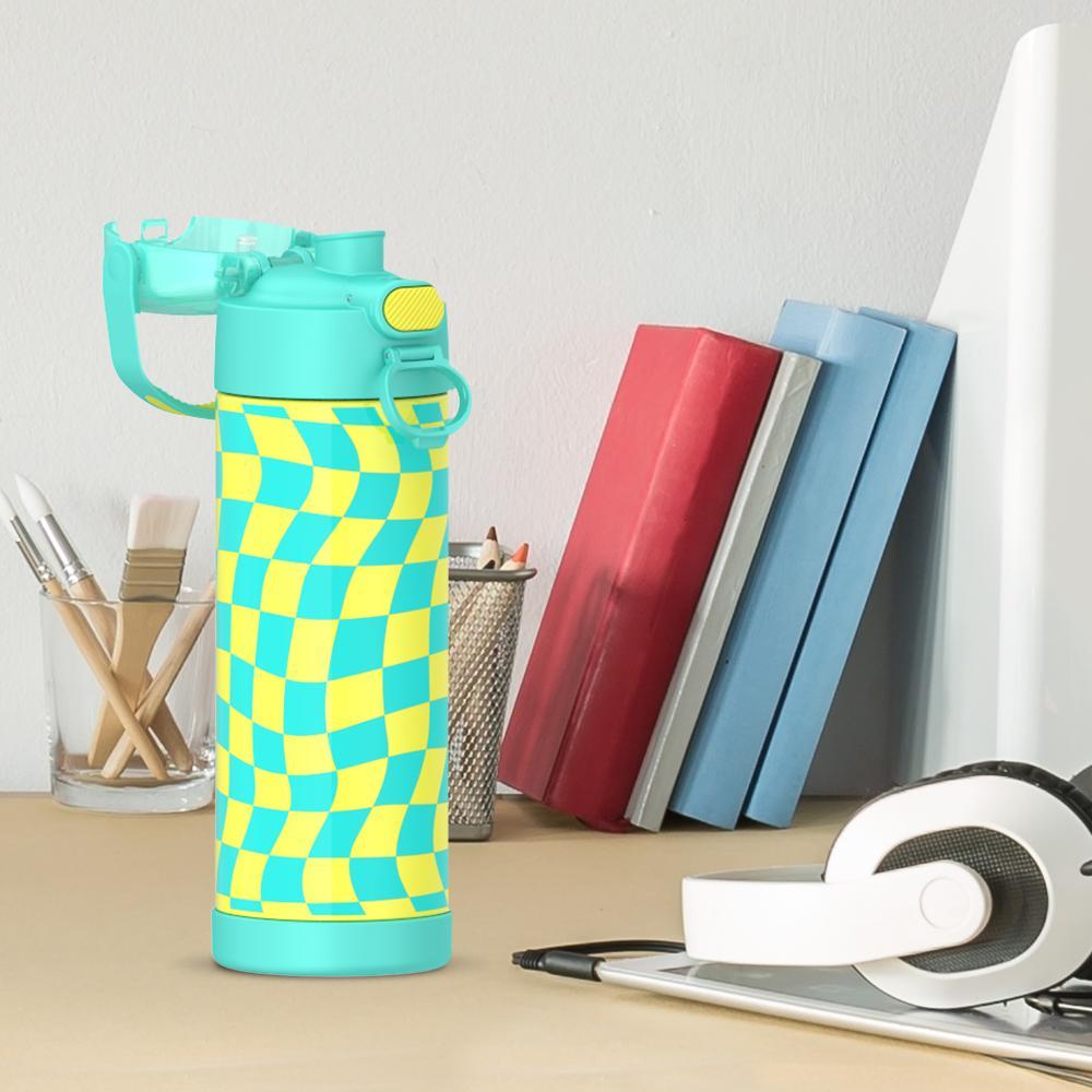 16-ounce Funtainer Stainless Steel Water Bottle with Spout and locking lid, Teal and Yellow Wavy Checkers, side view, lid open, sitting on a table.