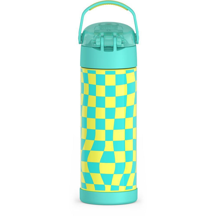 16-ounce Funtainer Stainless Steel Water Bottle with Spout and locking lid,  back view, handle up, Teal and Yellow Wavy Checkers.