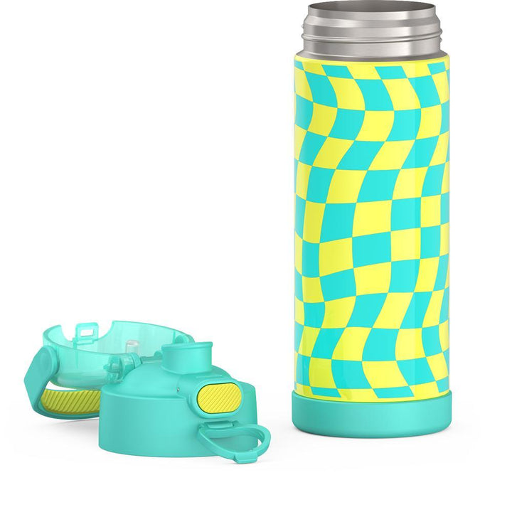 16-ounce Funtainer Stainless Steel Water Bottle with Spout and locking lid, Teal and Yellow Wavy Checkers, lid removed and open.