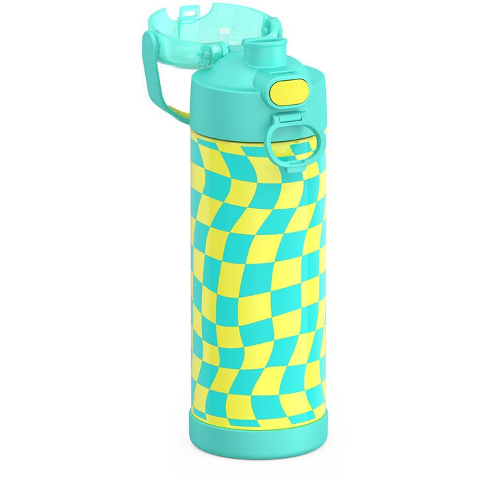 16-ounce Funtainer Stainless Steel Water Bottle with Spout and locking lid, Teal and Yellow Wavy Checkers, side view, lid open showing spout.