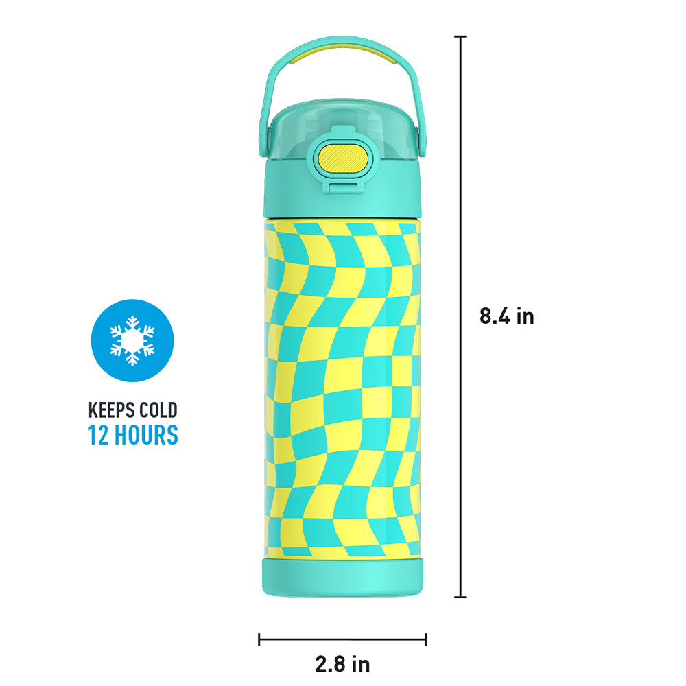 16-ounce Funtainer Stainless Steel Water Bottle with Spout and locking lid, Teal and Yellow Wavy Checkers, front view with handle up. 8.4 inches tall, 2.8 inches wide at base. Keeps Cold 12 Hours.