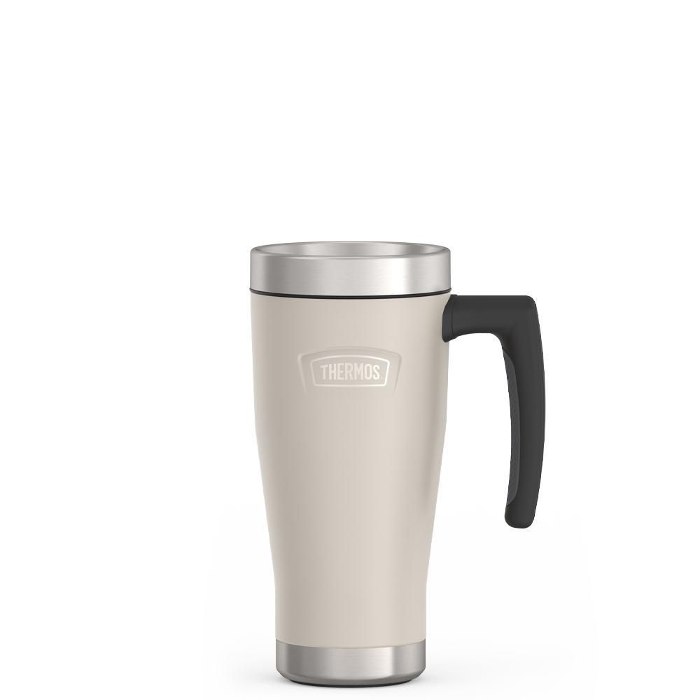 Thermos 16 ounce Stainless Steel Mug with handle, front view, Sandstone Beige.