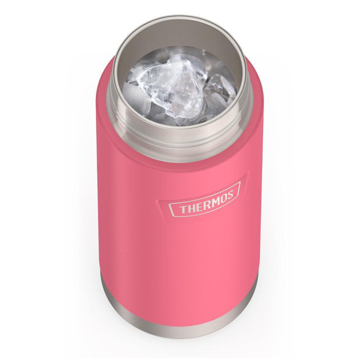 Thermos 18 ounce Stainless Steel Water Bottle with locking, covered spout lid, top view with lid off and showing ice inside, Hot Pink.