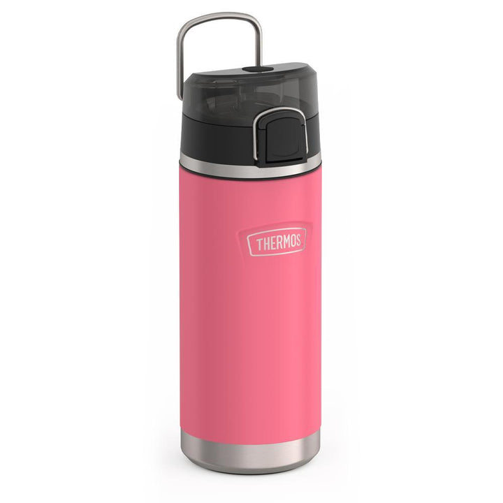 Thermos 18 ounce Stainless Steel Water Bottle with locking, covered spout lid, side view with metal handle up, Hot Pink.