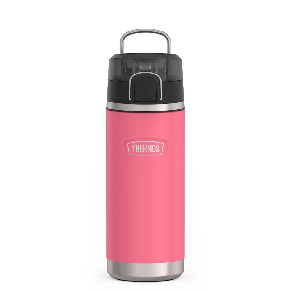 Thermos 18 ounce Stainless Steel Water Bottle with locking, covered spout lid, front view with metal handle up, Hot Pink.