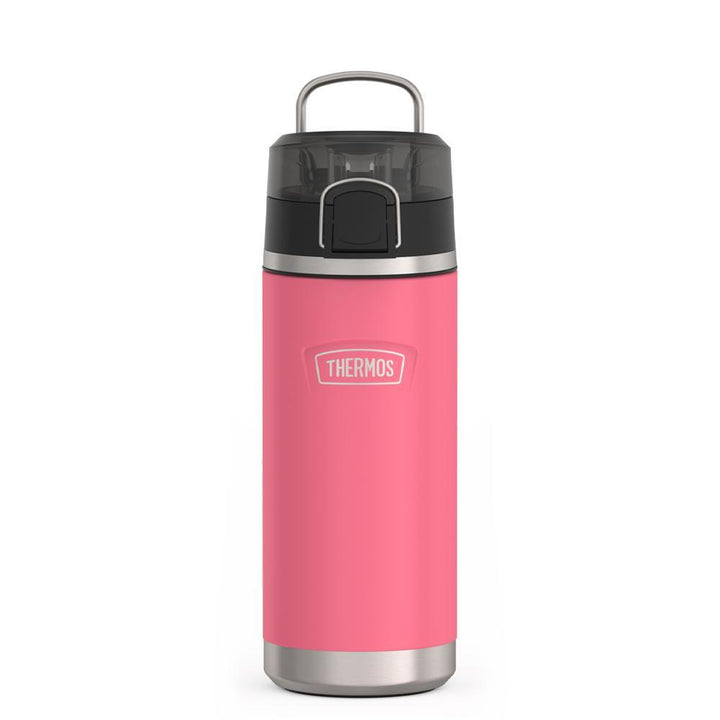Thermos 18 ounce Stainless Steel Water Bottle with locking, covered spout lid, front view with metal handle up, Hot Pink.