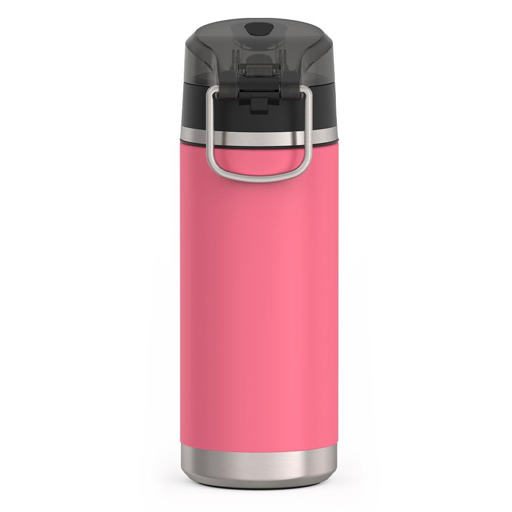 Thermos 18 ounce Stainless Steel Water Bottle with locking, covered spout lid, back view, Hot Pink.