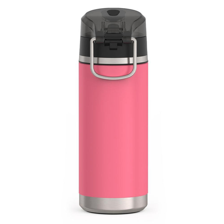 Thermos 18 ounce Stainless Steel Water Bottle with locking, covered spout lid, back view, Hot Pink.