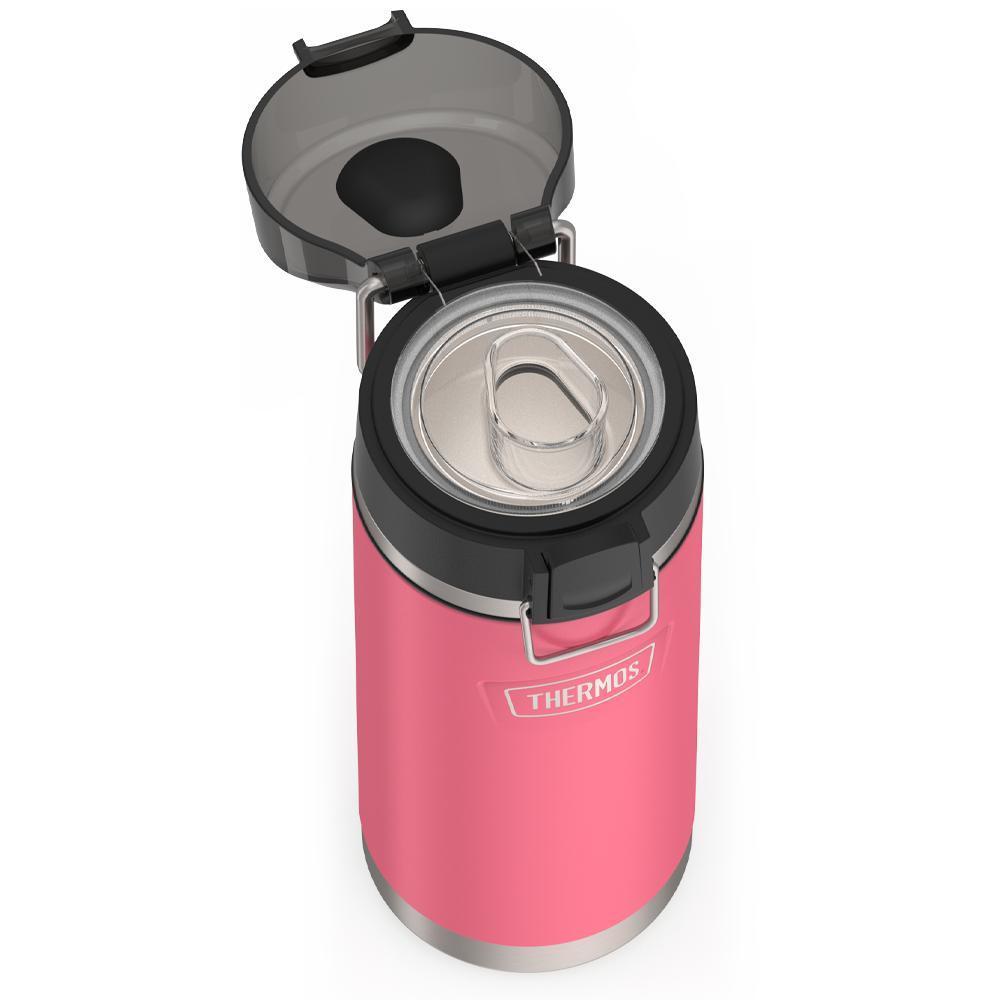 Thermos 18 ounce Stainless Steel Water Bottle with locking, covered spout lid, top view with covered lid open and showing spout, Hot Pink.