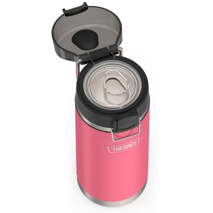 Thermos 18 ounce Stainless Steel Water Bottle with locking, covered spout lid, top view with covered lid open and showing spout, Hot Pink.