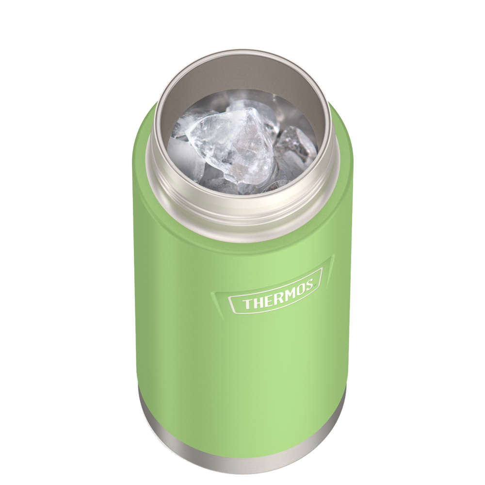 Thermos 18 ounce Stainless Steel Water Bottle with locking, covered spout lid, top view with lid off and showing ice inside, Lime Green.