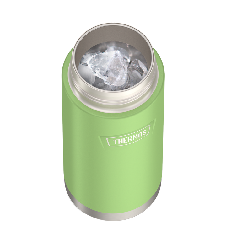 Thermos 18 ounce Stainless Steel Water Bottle with locking, covered spout lid, top view with lid off and showing ice inside, Lime Green.