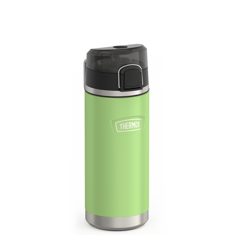 Thermos 18 ounce Stainless Steel Water Bottle with locking, covered spout lid, side view with metal handle down, Lime Green.