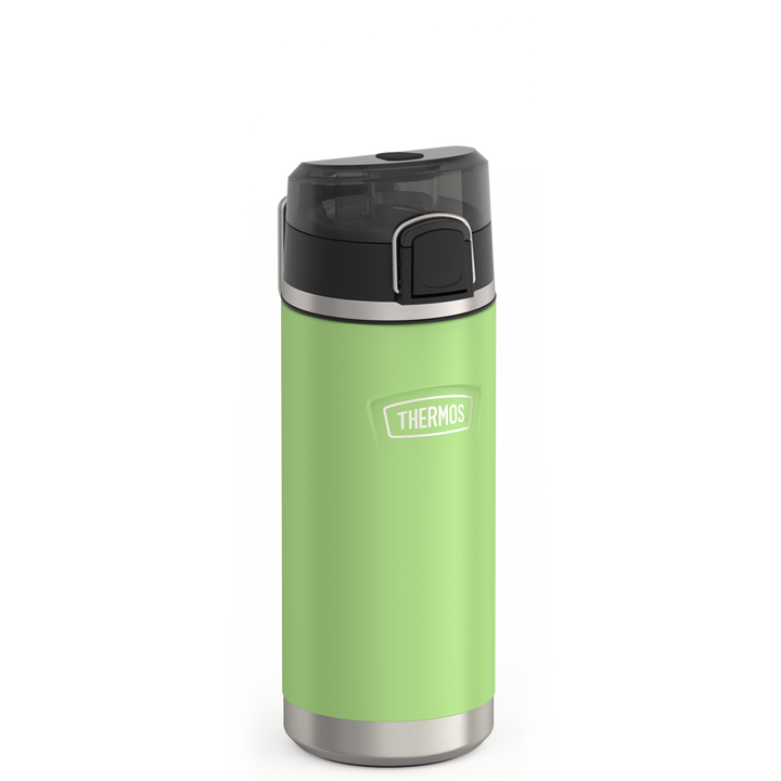 Thermos 18 ounce Stainless Steel Water Bottle with locking, covered spout lid, side view with metal handle down, Lime Green.