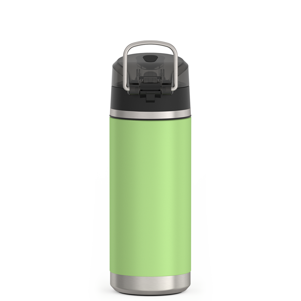 Thermos 18 ounce Stainless Steel Water Bottle with locking, covered spout lid, back view, Lime Green.