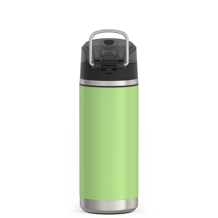 Thermos 18 ounce Stainless Steel Water Bottle with locking, covered spout lid, back view, Lime Green.