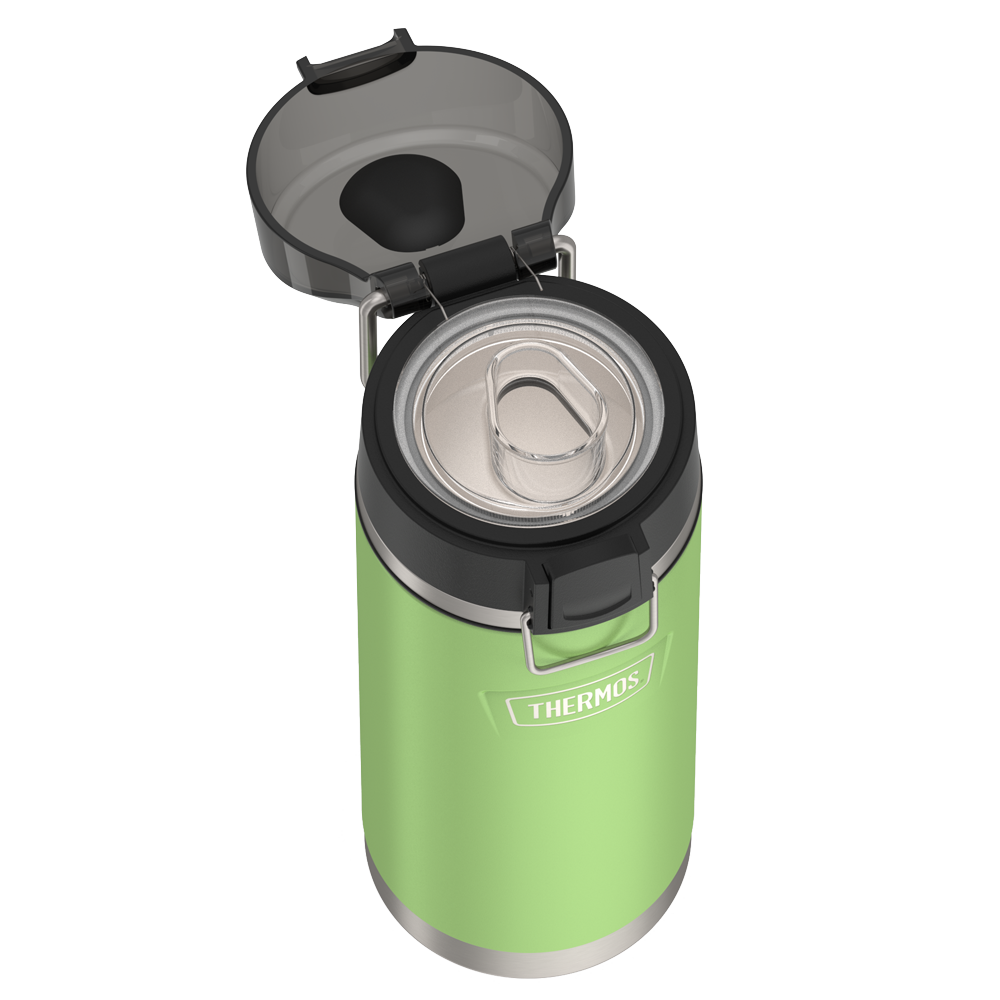 Thermos 18 ounce Stainless Steel Water Bottle with locking, covered spout lid, top view with covered lid open and showing spout, Lime Green.