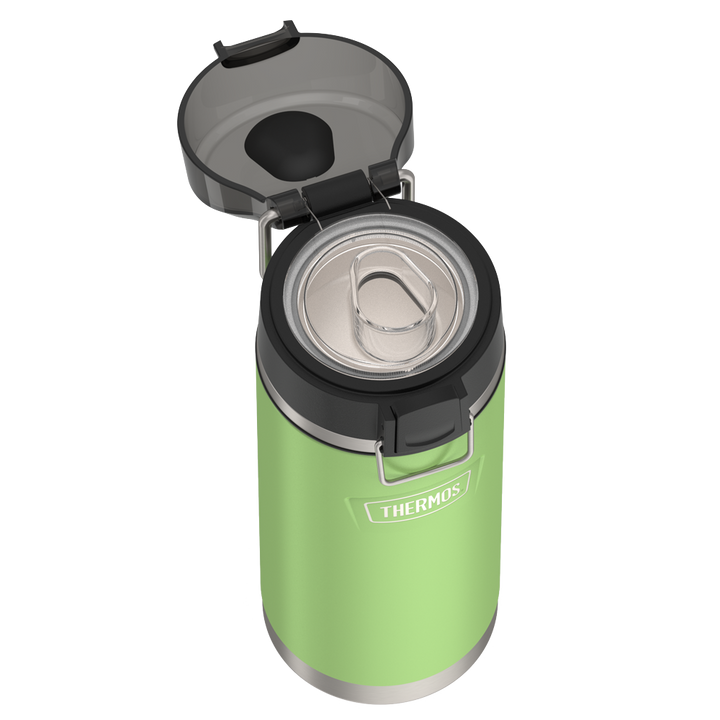 Thermos 18 ounce Stainless Steel Water Bottle with locking, covered spout lid, top view with covered lid open and showing spout, Lime Green.