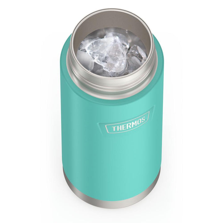 Thermos 18 ounce Stainless Steel Water Bottle with locking, covered spout lid, top view with lid off and showing ice inside, Seafoam.