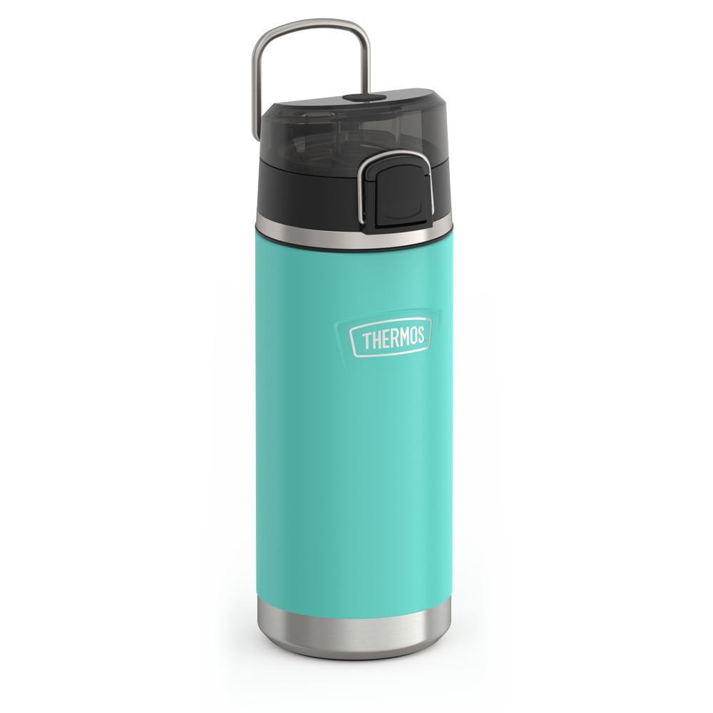 Thermos 18 ounce Stainless Steel Water Bottle with locking, covered spout lid, side view with metal handle up, Seafoam.