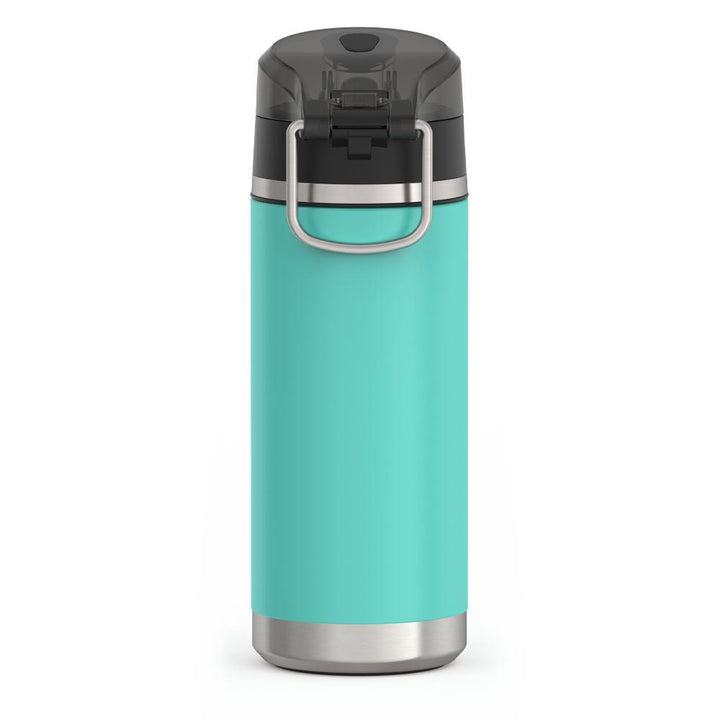 Thermos 18 ounce Stainless Steel Water Bottle with locking, covered spout lid, back view, Seafoam.
