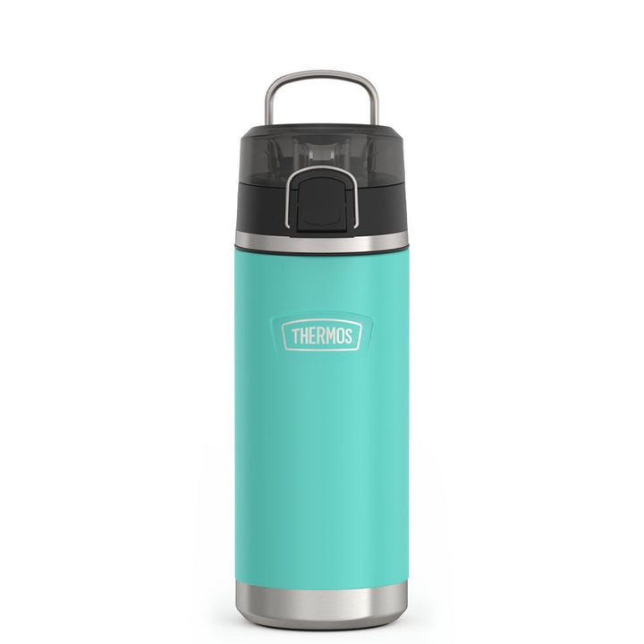 Thermos 18 ounce Stainless Steel Water Bottle with locking, covered spout lid, front view with metal handle up, Seafoam.
