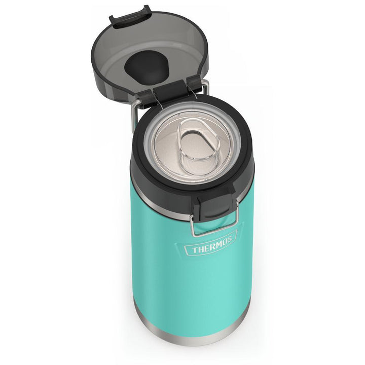 Thermos 18 ounce Stainless Steel Water Bottle with locking, covered spout lid, top view with covered lid open and showing spout, Seafoam.