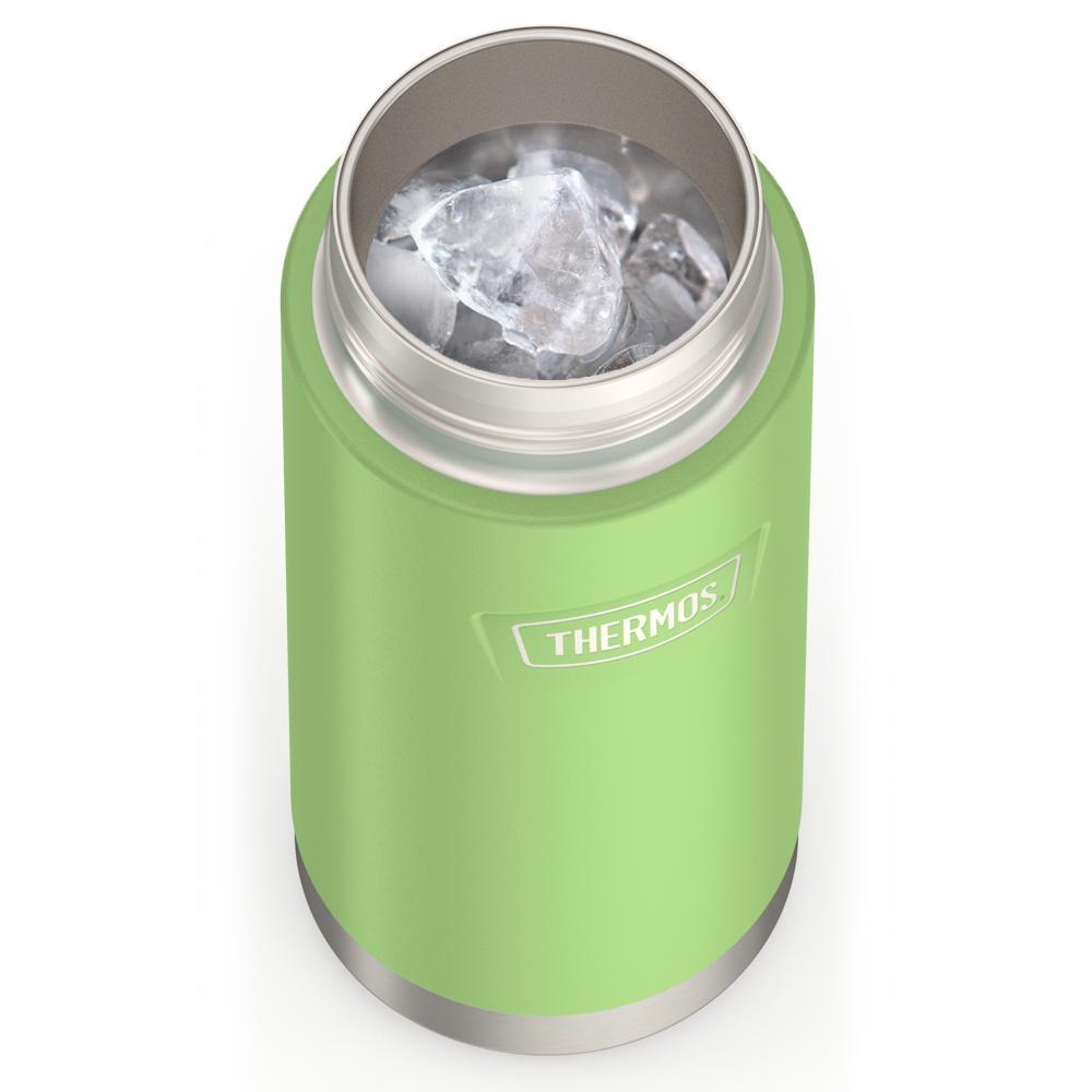 Thermos 18 ounce Stainless Steel Water Bottle with flip-up straw, top view with lid off and showing ice inside, Lime Green.