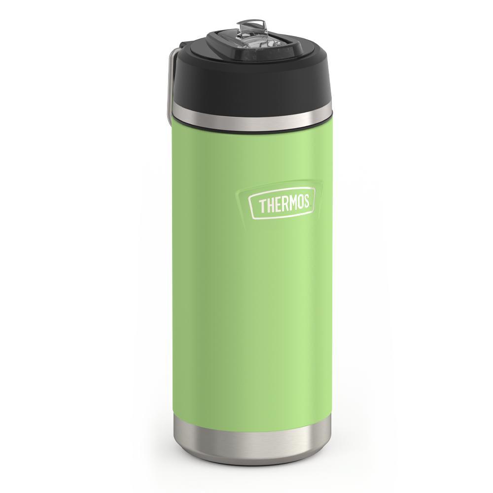 Thermos 18 ounce Stainless Steel Water Bottle with flip-up straw, side view with metal handle down, Lime Green.