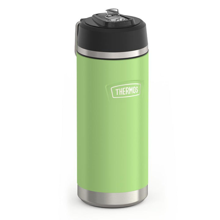 Thermos 18 ounce Stainless Steel Water Bottle with flip-up straw, side view with metal handle down, Lime Green.