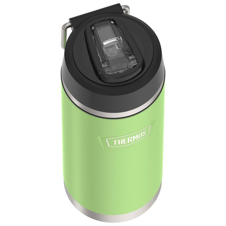 Thermos 18 ounce Stainless Steel Water Bottle with flip-up straw, top view with straw flipped down, Lime Green.