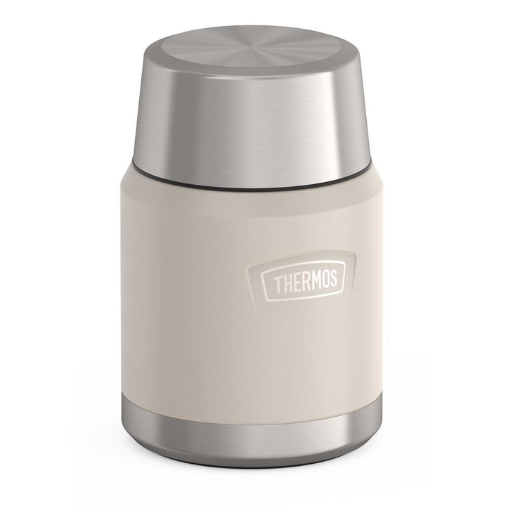 16 ounce Thermos Food Jar with stainless steel spoon, side view with lid on, Sandstone Beige.