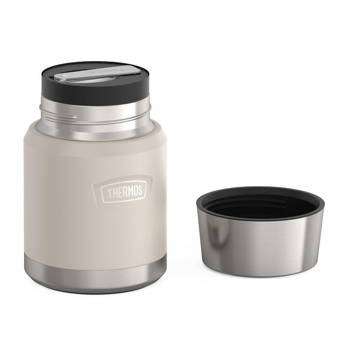 16 ounce Thermos Food Jar with stainless steel spoon, lid off and spoon folded inside of spoon holder, Sandstone Beige.